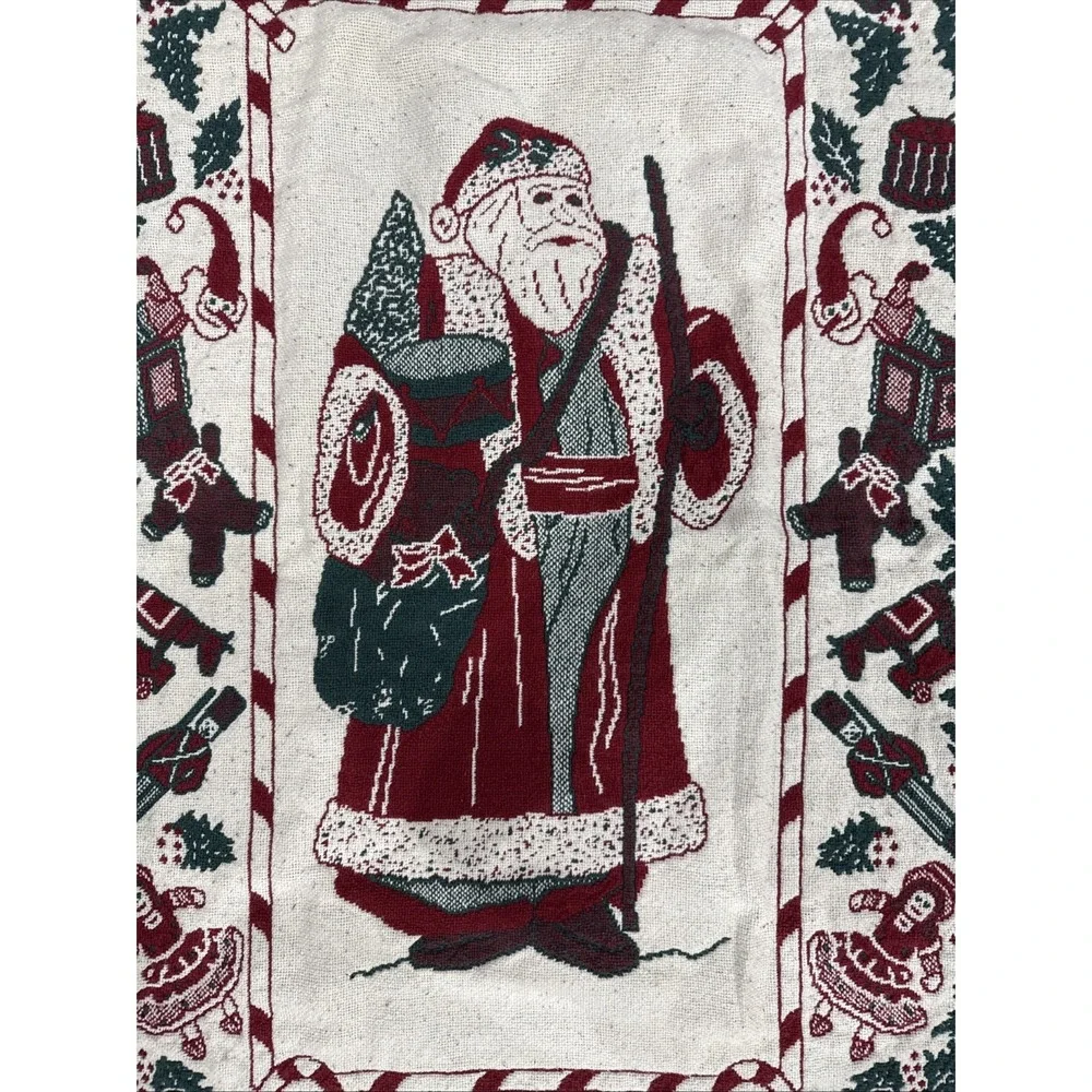 Vintage 1990 MWW Christmas Santa Woven Tapestry Throw Blanket Afghan 48x30